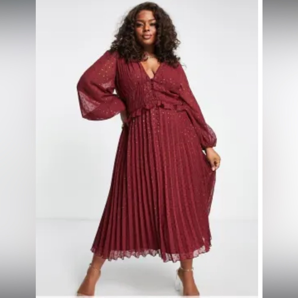 Asos Design Curve Button Up Ruched Waist Pleated … - image 1